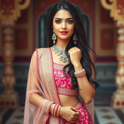A stunning young woman in traditional Rajasthani attire, featuring a beautifully embroidered lehenga and a matching dupatta