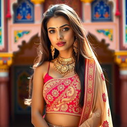 A stunning young woman in traditional Rajasthani attire, featuring a beautifully embroidered lehenga and a matching dupatta