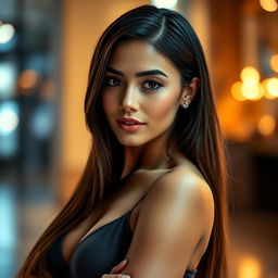 A captivating young woman with a radiant, glowing complexion that emphasizes her beauty