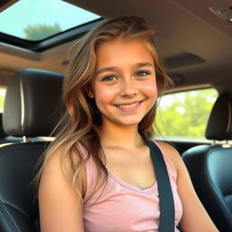 An 18-year-old girl with a glowing, healthy complexion, perspiring slightly from the heat inside a car