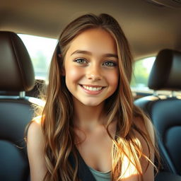 An 18-year-old girl with a glowing, healthy complexion, perspiring slightly from the heat inside a car