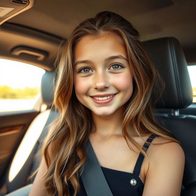 An 18-year-old girl with a glowing, healthy complexion, perspiring slightly from the heat inside a car