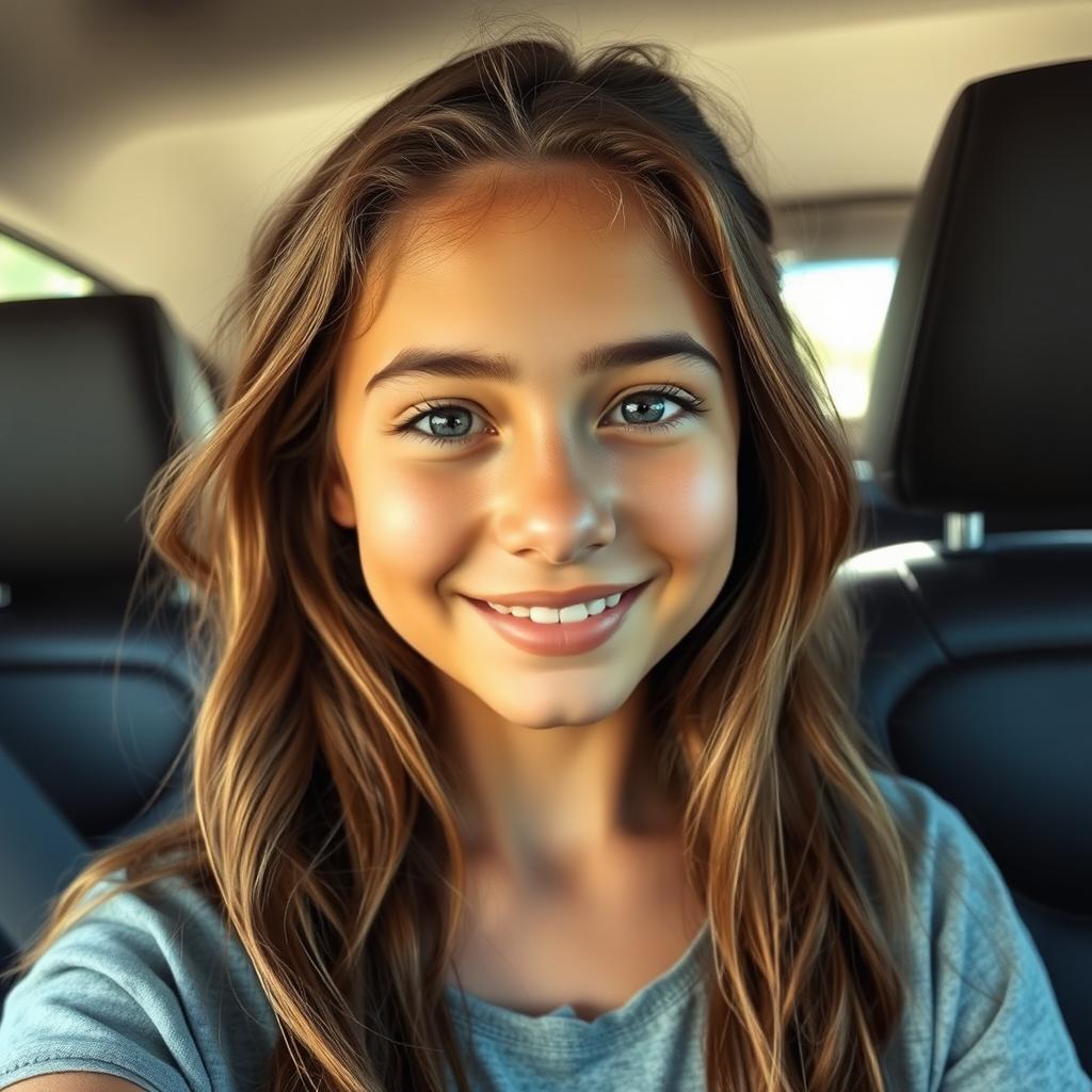 An 18-year-old girl with a glowing, healthy complexion, perspiring slightly from the heat inside a car