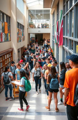 A vibrant scene in a high school environment, showcasing students engaging in various activities such as studying in the library, chatting in the hallways, and playing sports outside
