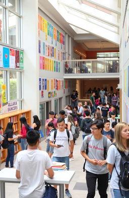 A vibrant scene in a high school environment, showcasing students engaging in various activities such as studying in the library, chatting in the hallways, and playing sports outside