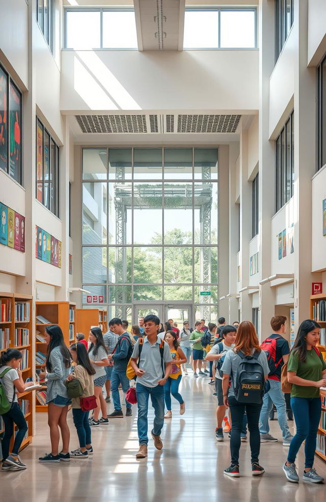 A vibrant scene in a high school environment, showcasing students engaging in various activities such as studying in the library, chatting in the hallways, and playing sports outside