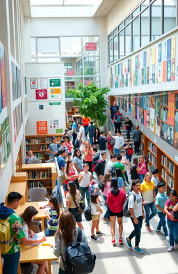A vibrant scene in a high school environment, showcasing students engaging in various activities such as studying in the library, chatting in the hallways, and playing sports outside