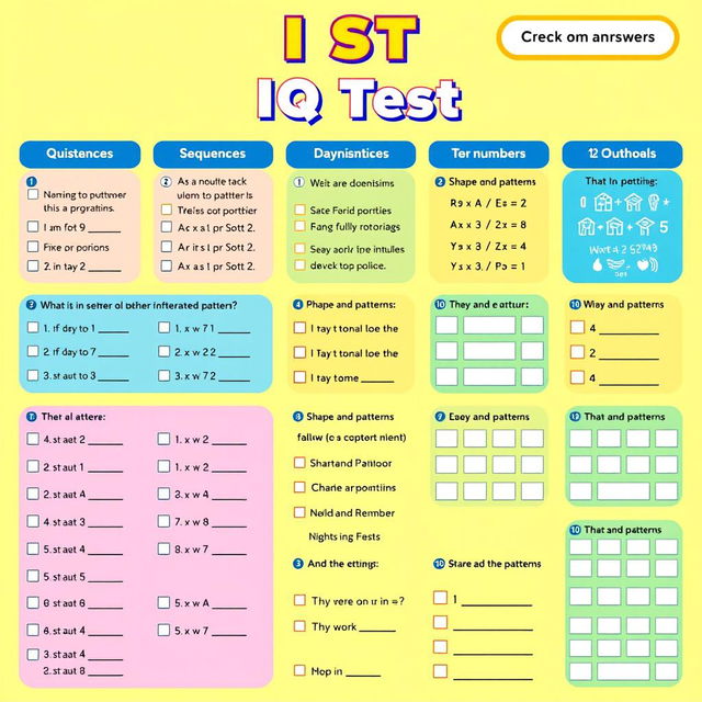 A creative and visually appealing IQ test quiz layout, featuring various types of logical reasoning, pattern recognition, and mathematical problem-solving problems