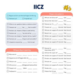 A creative and visually appealing IQ test quiz layout, featuring various types of logical reasoning, pattern recognition, and mathematical problem-solving problems