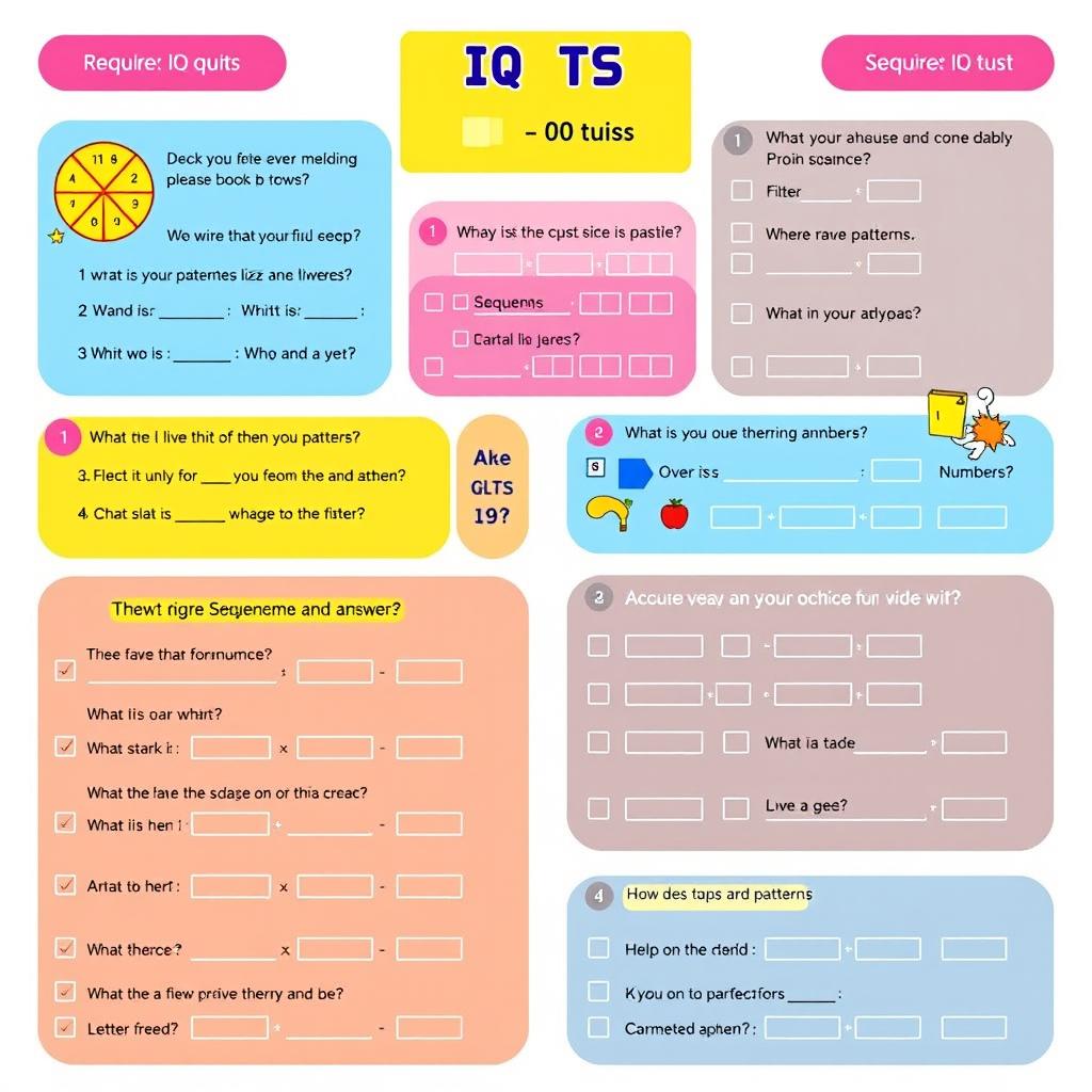 A creative and visually appealing IQ test quiz layout, featuring various types of logical reasoning, pattern recognition, and mathematical problem-solving problems