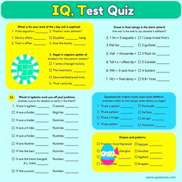 A creative and visually appealing IQ test quiz layout, featuring various types of logical reasoning, pattern recognition, and mathematical problem-solving problems