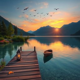 A scenic and tranquil lake landscape at sunset, with crystal clear water reflecting the warm colors of the sky
