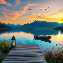 A scenic and tranquil lake landscape at sunset, with crystal clear water reflecting the warm colors of the sky