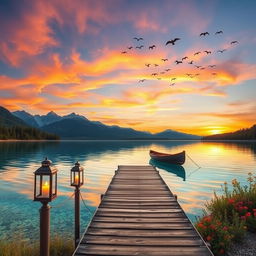 A scenic and tranquil lake landscape at sunset, with crystal clear water reflecting the warm colors of the sky