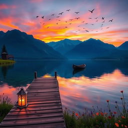 A scenic and tranquil lake landscape at sunset, with crystal clear water reflecting the warm colors of the sky