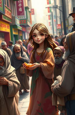 A compassionate scene depicting a girl with a warm smile helping a group of poor beggars on a bustling city street