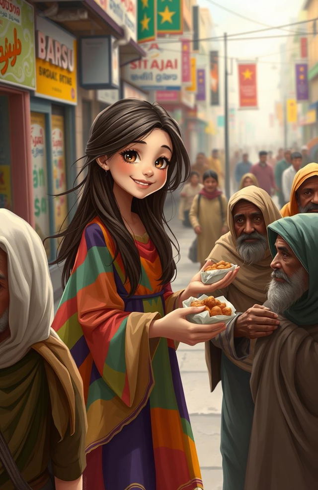 A compassionate scene depicting a girl with a warm smile helping a group of poor beggars on a bustling city street