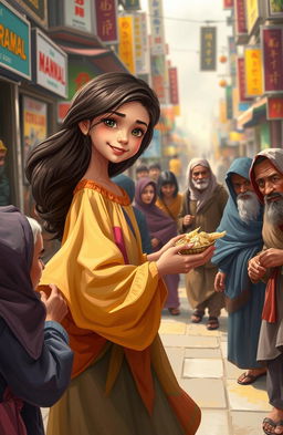 A compassionate scene depicting a girl with a warm smile helping a group of poor beggars on a bustling city street