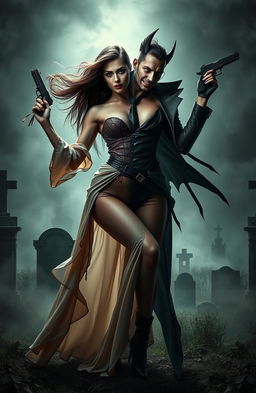 A captivating artwork of an erotic dancer with a split personality, depicted dramatically against the eerie backdrop of a cemetery