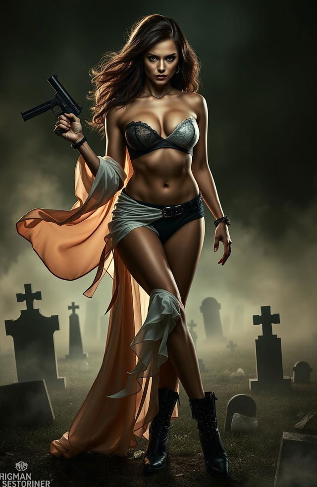 A captivating artwork of an erotic dancer with a split personality, depicted dramatically against the eerie backdrop of a cemetery