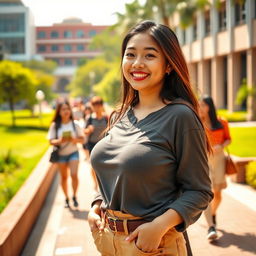 A beautiful Indonesian female university student with large, rounded breasts, exuding a playful and flirtatious demeanor