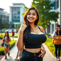 A beautiful Indonesian female university student with large, rounded breasts, exuding a playful and flirtatious demeanor