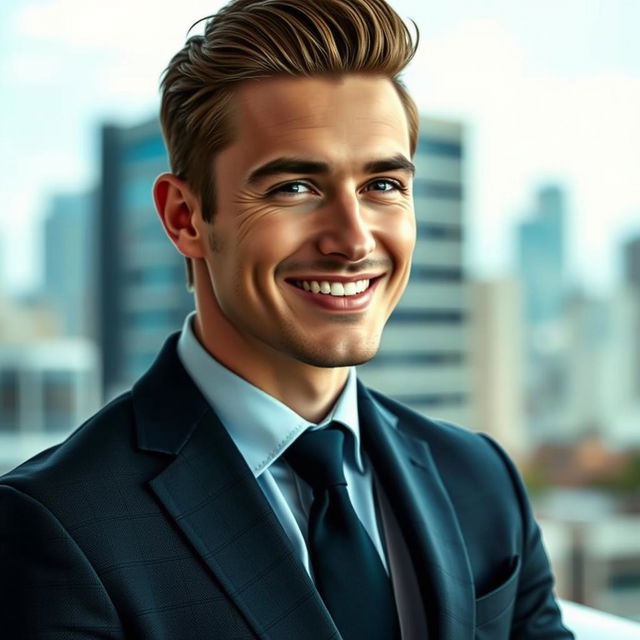 A handsome man with sharp features and a charming smile, dressed smartly in a tailored suit