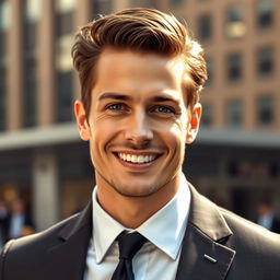 A handsome man with sharp features and a charming smile, dressed smartly in a tailored suit