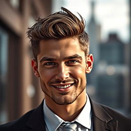 A handsome man with sharp features and a charming smile, dressed smartly in a tailored suit