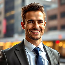 A handsome man with sharp features and a charming smile, dressed smartly in a tailored suit