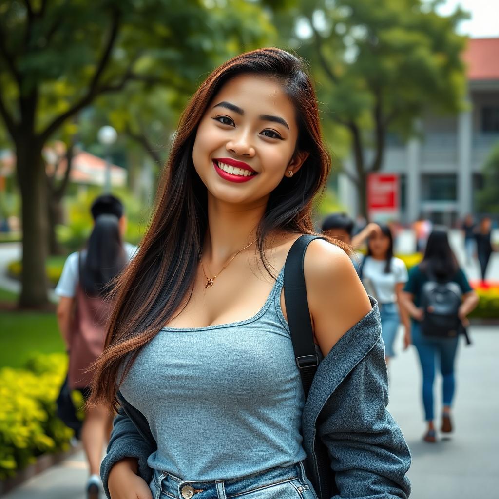 A stunningly beautiful Indonesian female university student with large, rounded breasts, displaying a flirtatious and playful personality