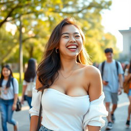 A stunningly attractive Indonesian female university student with large, round breasts, radiating a flirtatious and playful vibe