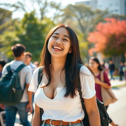 A stunningly attractive Indonesian female university student with large, round breasts, radiating a flirtatious and playful vibe