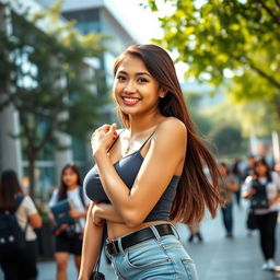A gorgeous Indonesian female university student with large, rounded breasts, showcasing a flirtatious and playful expression