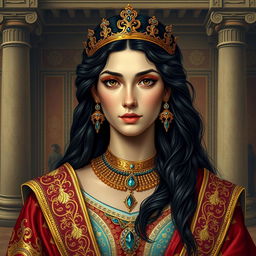 A regal portrait of Queen Artystone, the daughter of Cyrus the Great