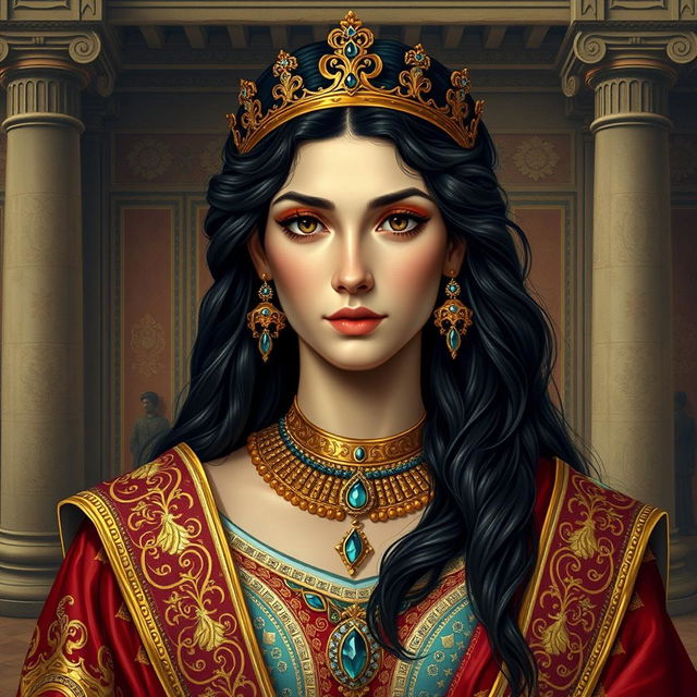 A regal portrait of Queen Artystone, the daughter of Cyrus the Great