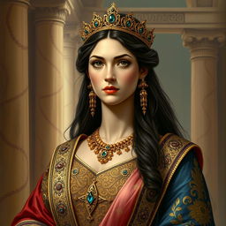 A regal portrait of Queen Artystone, the daughter of Cyrus the Great