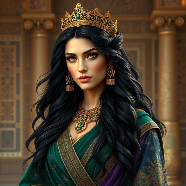 A stunning portrait of Queen Roxane, the wife of Alexander the Great, envisioned as a powerful and regal figure, embodying the essence of Persian nobility