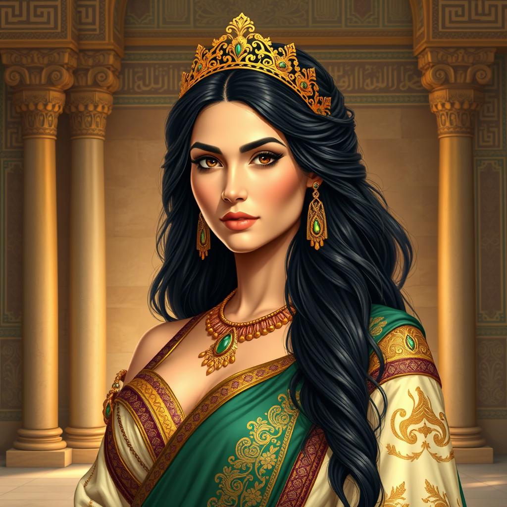 A stunning portrait of Queen Roxane, the wife of Alexander the Great, envisioned as a powerful and regal figure, embodying the essence of Persian nobility