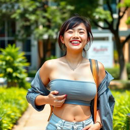 A beautiful Indonesian female university student with very large, rounded breasts, exuding a flirtatious and playful charm