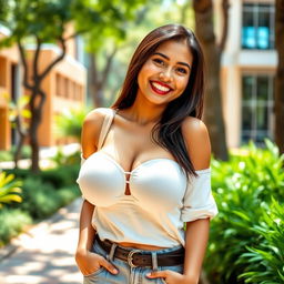 A beautiful Indonesian university student with very large, rounded breasts, displaying a flirtatious and playful demeanor