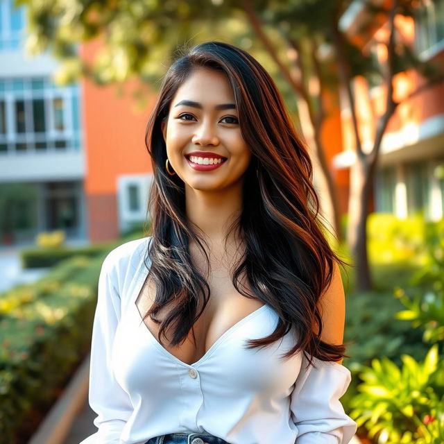 A beautiful Indonesian university student with very large, rounded breasts, displaying a flirtatious and playful demeanor