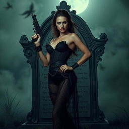 A mysterious and vengeful erotic dancer standing confidently at an ornate, weathered grave
