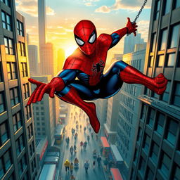A dynamic superhero scene featuring Spider-Man swinging through a bustling cityscape