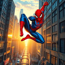 A dynamic superhero scene featuring Spider-Man swinging through a bustling cityscape