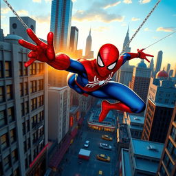 A dynamic superhero scene featuring Spider-Man swinging through a bustling cityscape