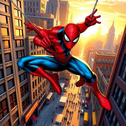 A dynamic superhero scene featuring Spider-Man swinging through a bustling cityscape