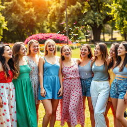 A vibrant and playful photo featuring eight young women in a sunny outdoor setting
