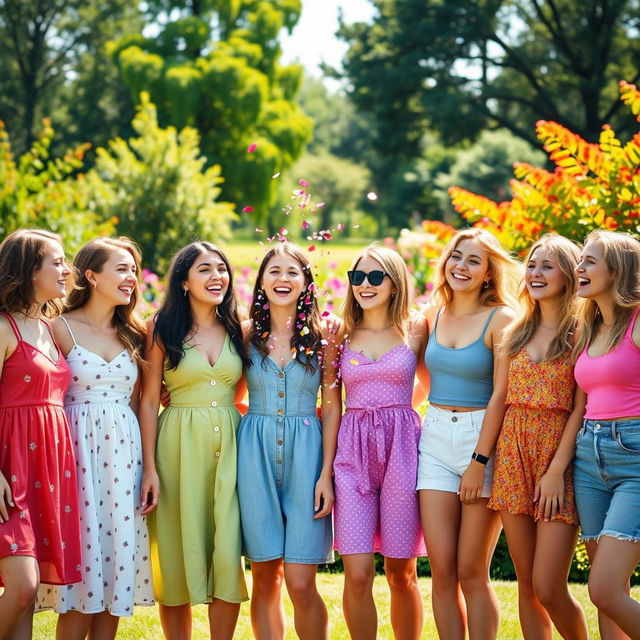 A vibrant and playful photo featuring eight young women in a sunny outdoor setting