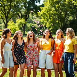 A vibrant and playful photo featuring eight young women in a sunny outdoor setting